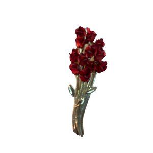 Signed DM Danbury Mint for Avon Brooch Red Goldtone Rose Bouquet 2.25" 1997